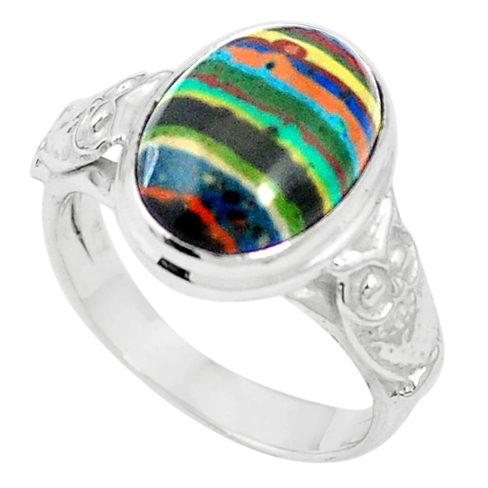 925 silver natural multi color rainbow calsilica owl ring size 7.5 m62200