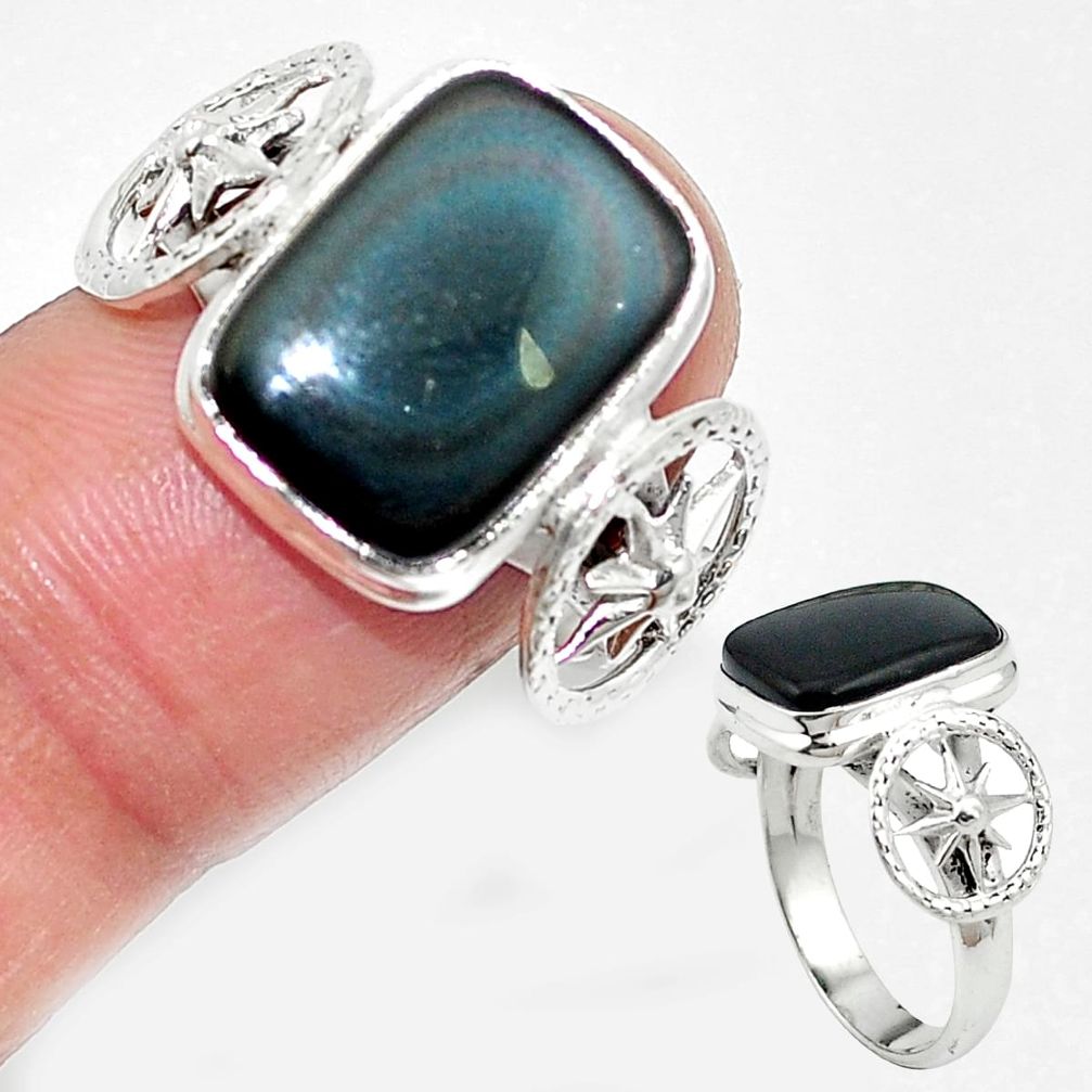 Natural rainbow obsidian eye 925 sterling silver ring size 7.5 m62273
