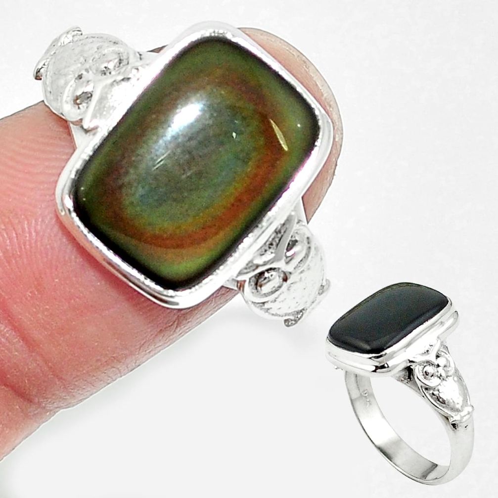 Natural rainbow obsidian eye 925 sterling silver owl ring size 7 m62276