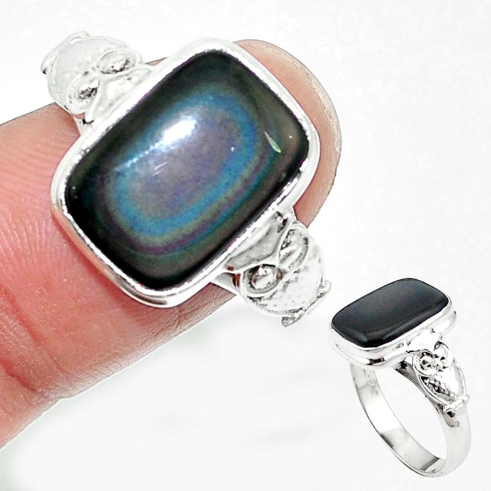 925 silver natural rainbow obsidian eye owl ring jewelry size 8.5 m62277