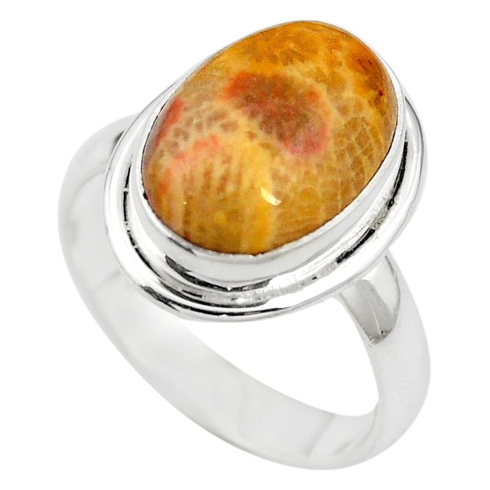 Natural fossil coral (agatized) petoskey stone 925 silver ring size 7.5 m63105