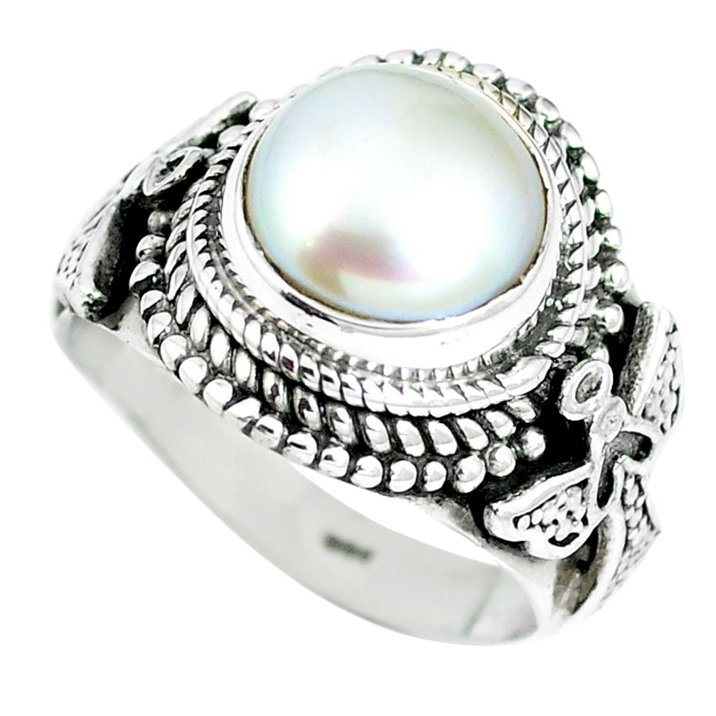 Natural white pearl round 925 sterling silver ring jewelry size 7 m63260