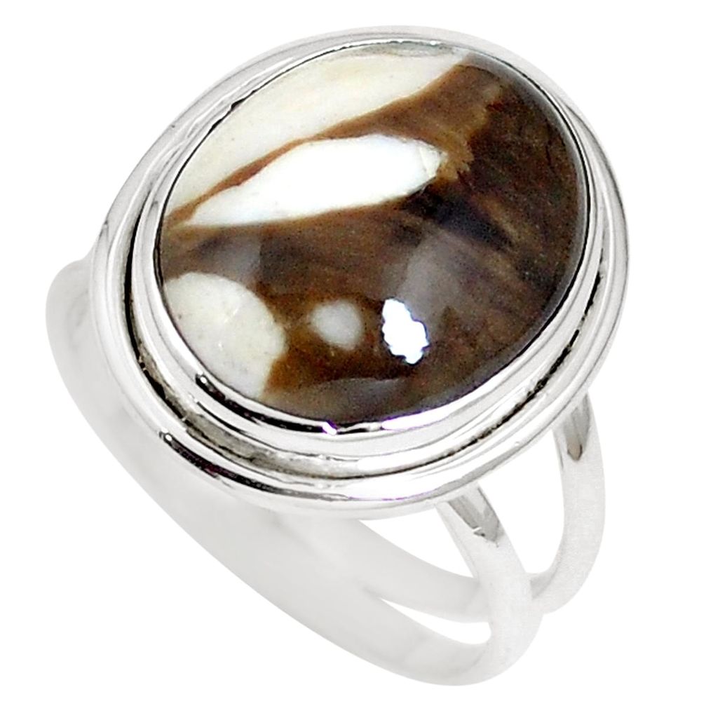 Natural brown peanut petrified wood fossil 925 silver ring size 7 m65037