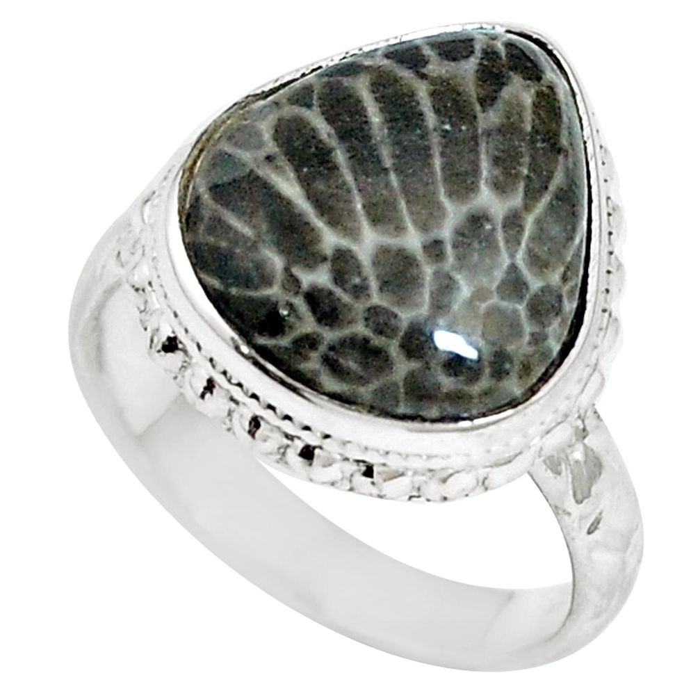 Natural black stingray coral from alaska 925 silver ring size 6 m65055