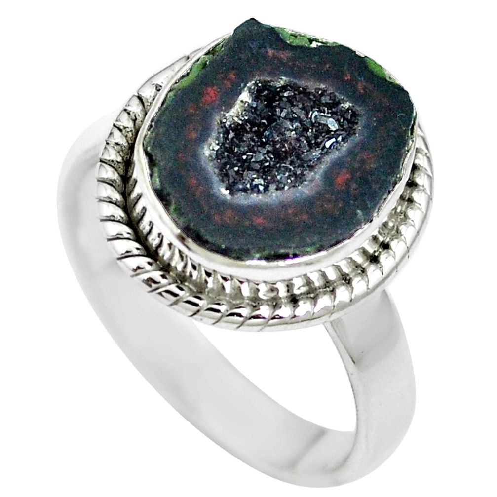 Natural black geode druzy 925 sterling silver ring size 7.5 m65607