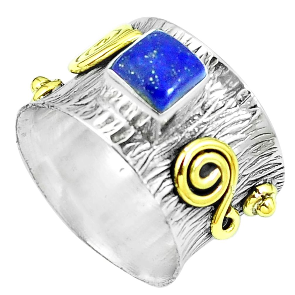 Natural blue lapis lazuli 925 silver 14k gold ring jewelry size 6.5 m67602