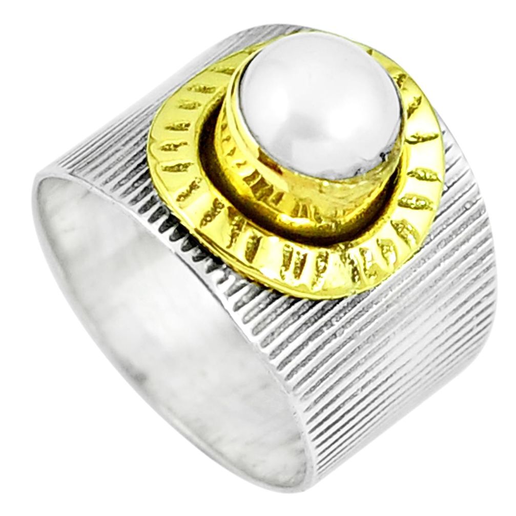 Natural white pearl 925 sterling silver 14k gold ring size 7.5 m67650