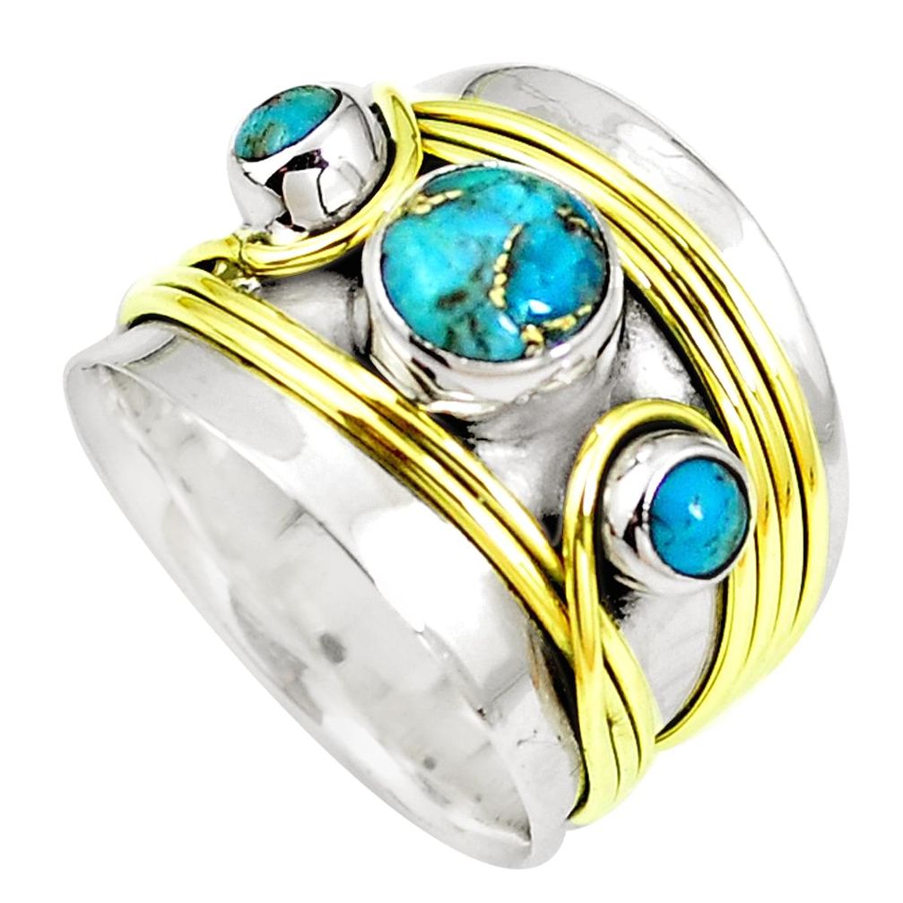 Blue copper turquoise 925 silver 14k gold two tone spinner ring size 9 m67722
