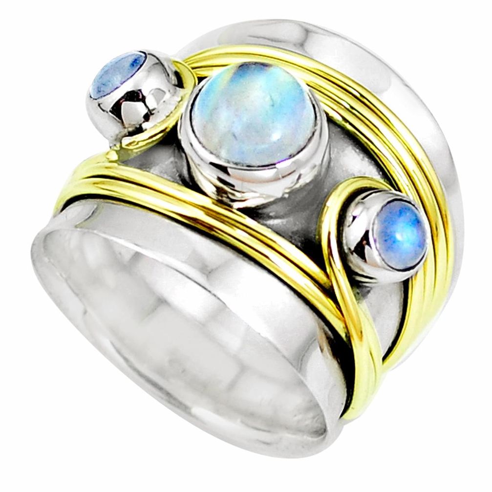 Rainbow moonstone 925 silver 14k gold two tone spinner ring size 6.5 m67724