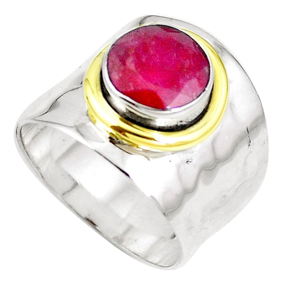 Victorian natural red ruby 925 silver 14k gold two tone ring size 8 m67789