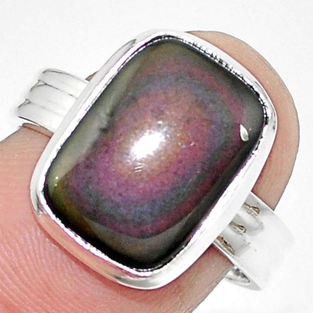 Natural rainbow obsidian eye 925 sterling silver ring jewelry size 7.5 m67807