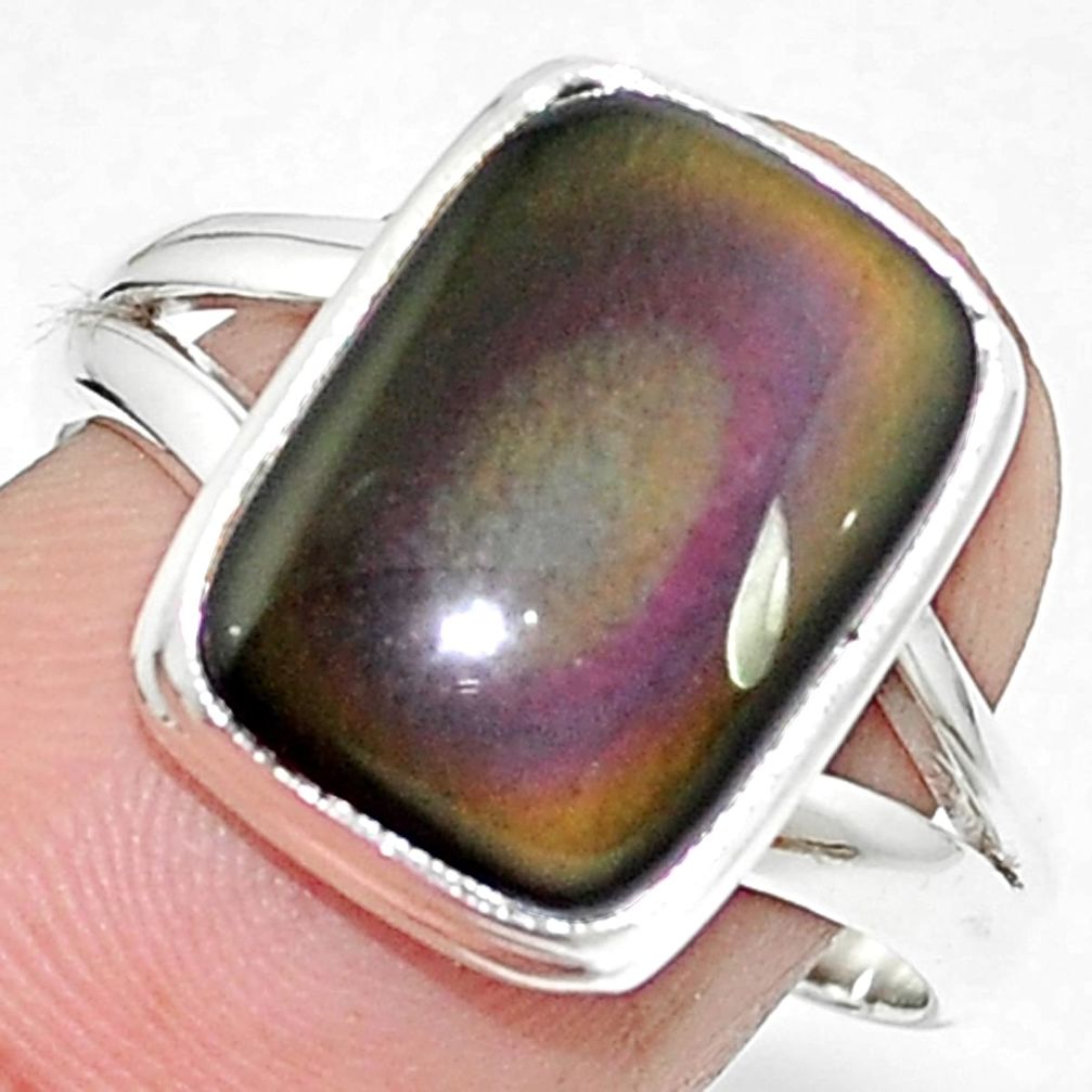 Natural rainbow obsidian eye 925 sterling silver ring jewelry size 8 m67808