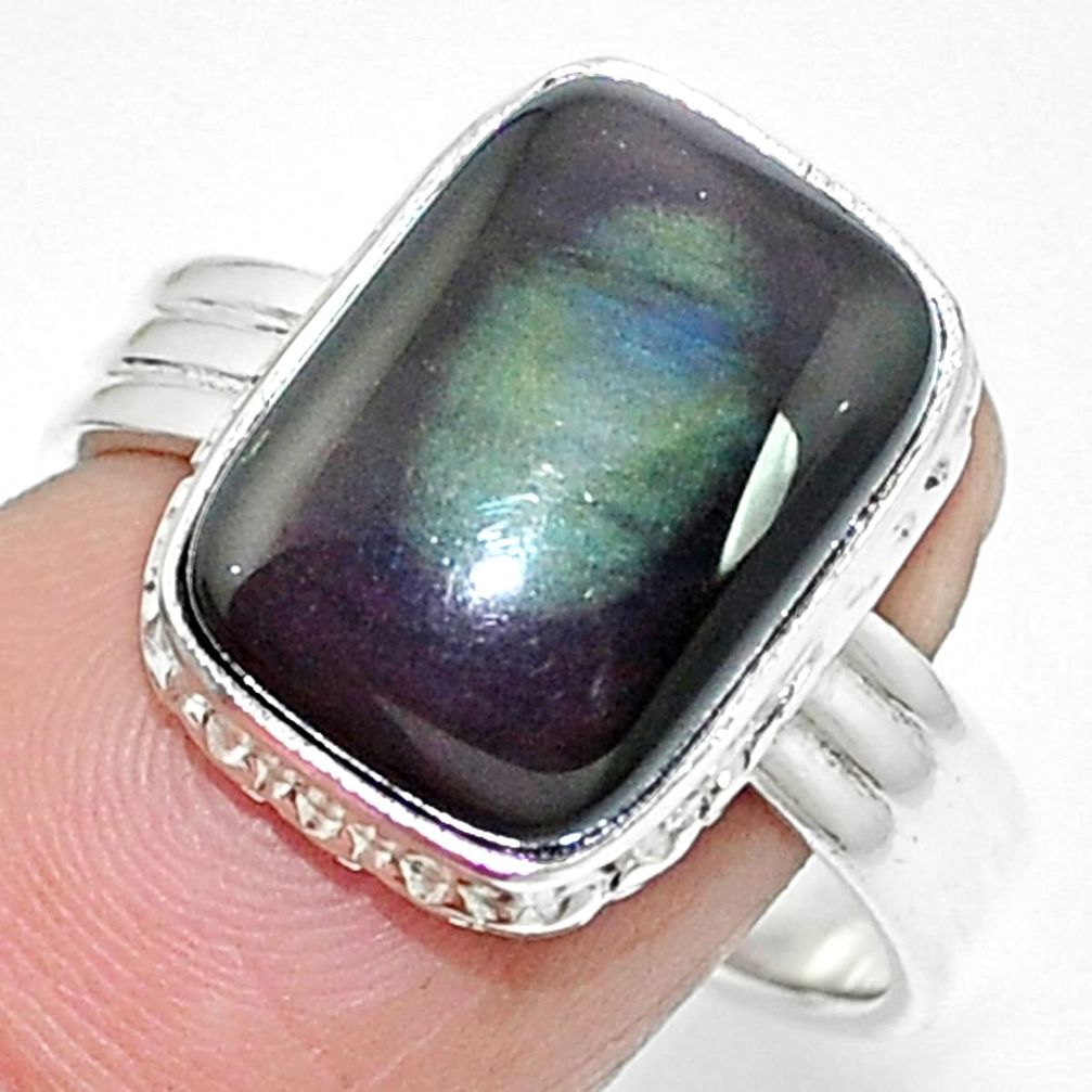 925 sterling silver natural rainbow obsidian eye octagan ring size 8 m67811