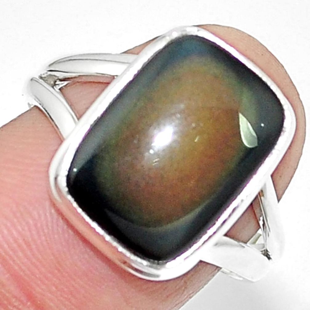 Natural rainbow obsidian eye 925 sterling silver ring jewelry size 7.5 m67813