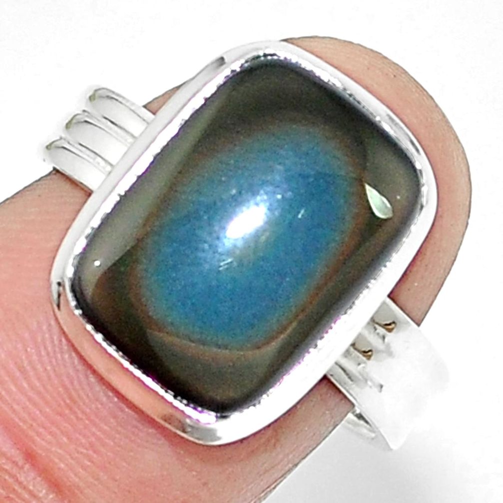 Natural rainbow obsidian eye 925 sterling silver ring jewelry size 6.5 m67814