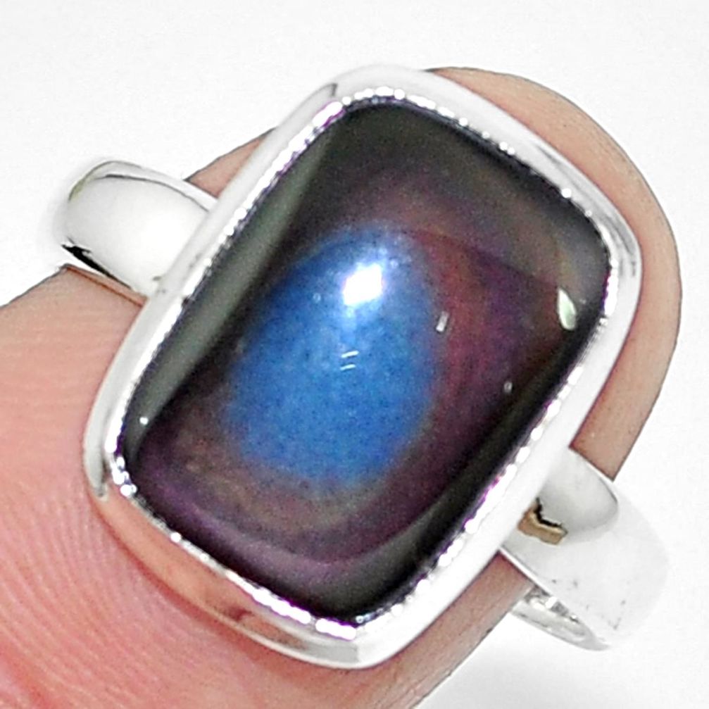 Natural rainbow obsidian eye 925 sterling silver ring jewelry size 8 m67815