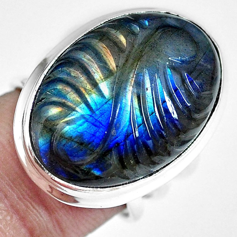 Natural blue carving labradorite 925 sterling silver ring jewelry size 7 m68396