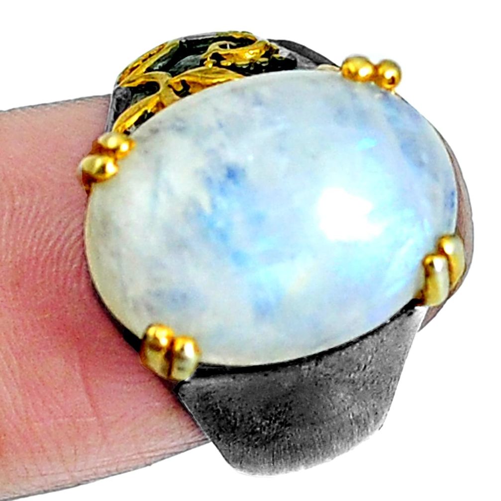 Natural rainbow moonstone oval 925 silver 14k gold ring size 7 m68477