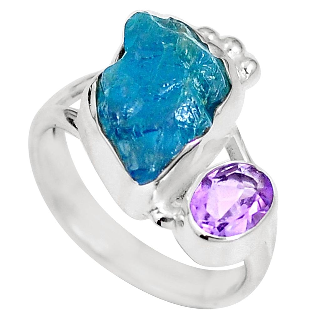 Natural blue apatite rough amethyst 925 silver ring size 7 m69021