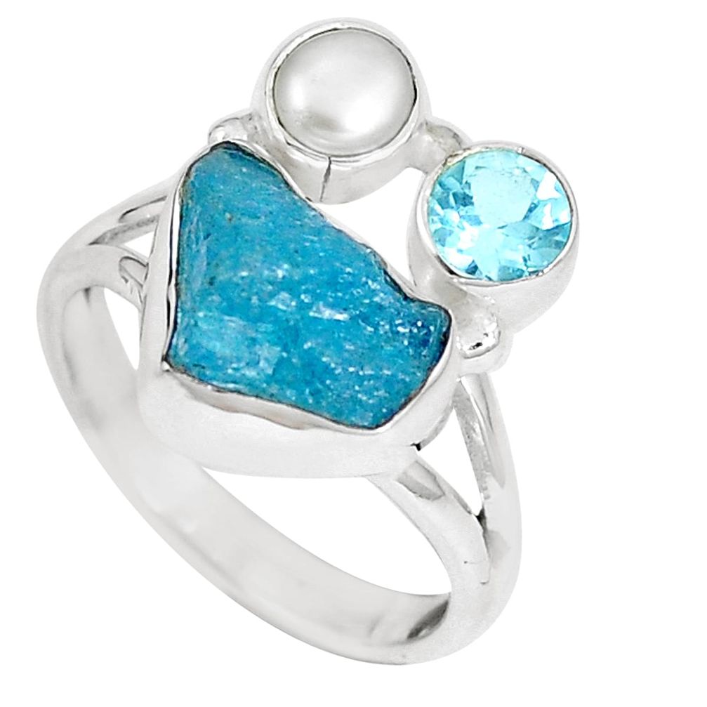 Natural blue apatite rough topaz 925 sterling silver ring size 7 m69031