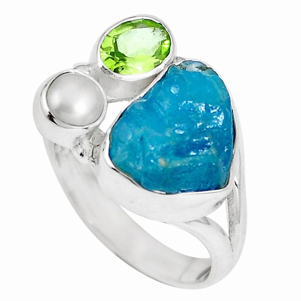 Natural blue apatite rough peridot 925 silver ring jewelry size 7 m69033