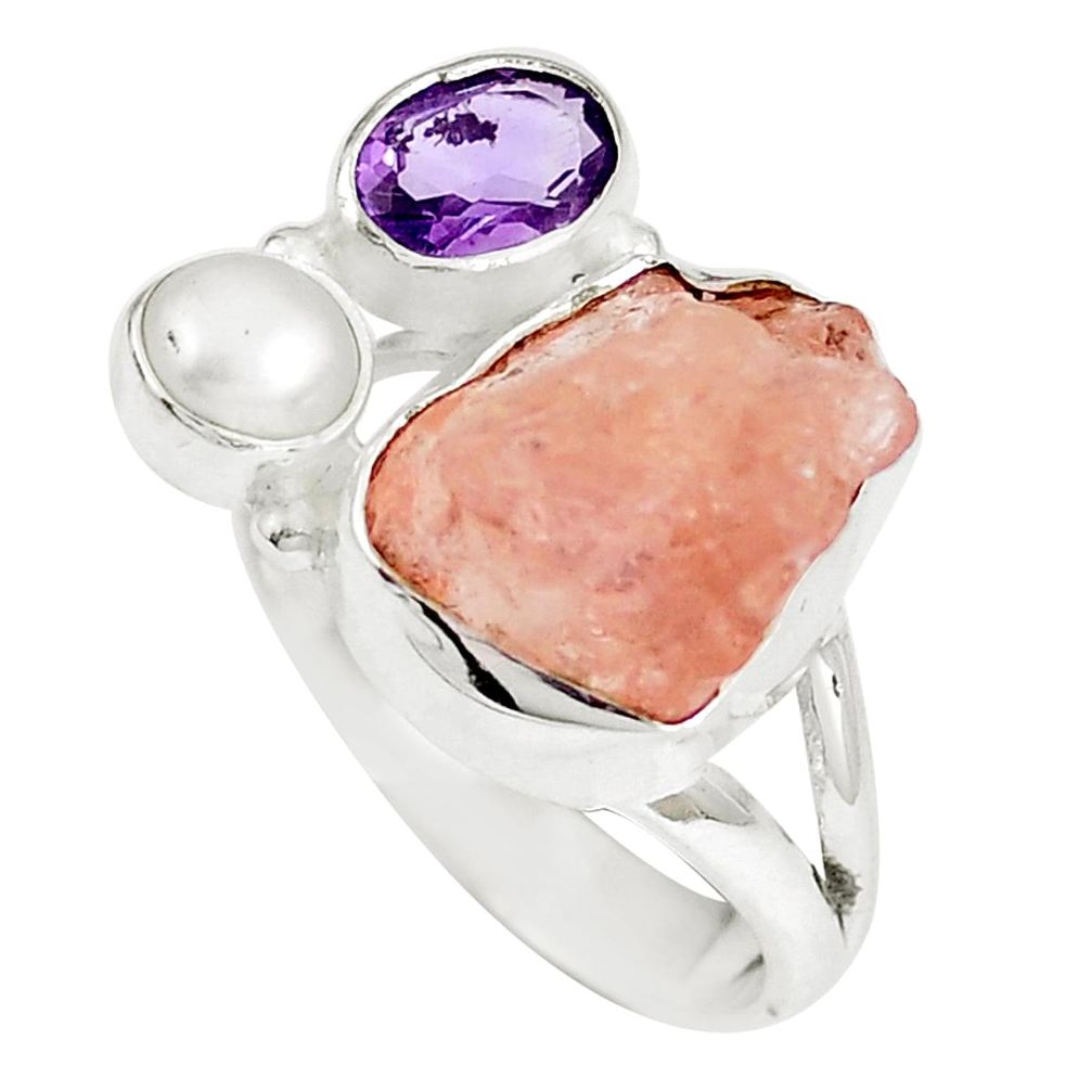 Natural pink morganite rough purple amethyst 925 silver ring size 7 m69043