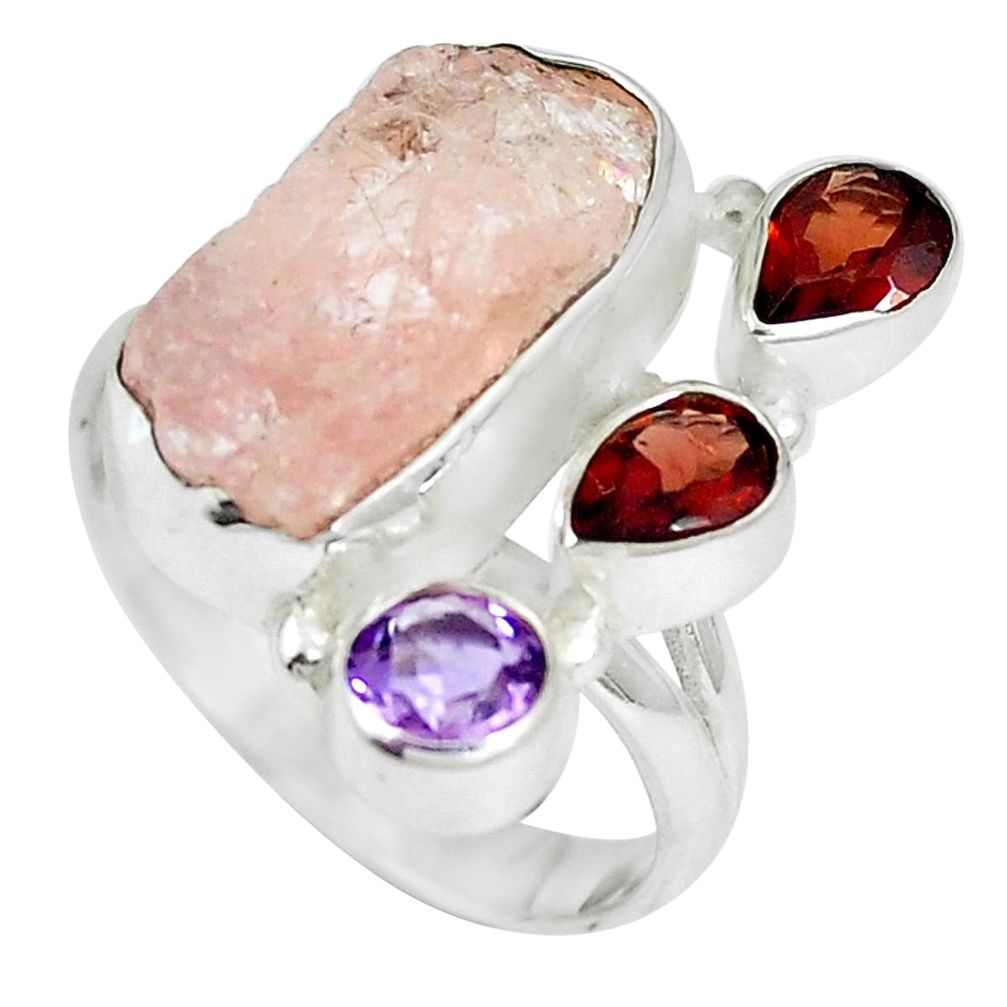 Natural pink morganite rough red garnet 925 silver ring size 8 m69057