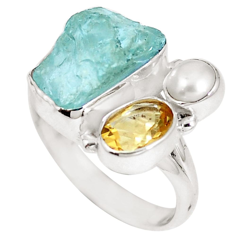 Natural aqua aquamarine rough citrine 925 silver ring jewelry size 8.5 m69066