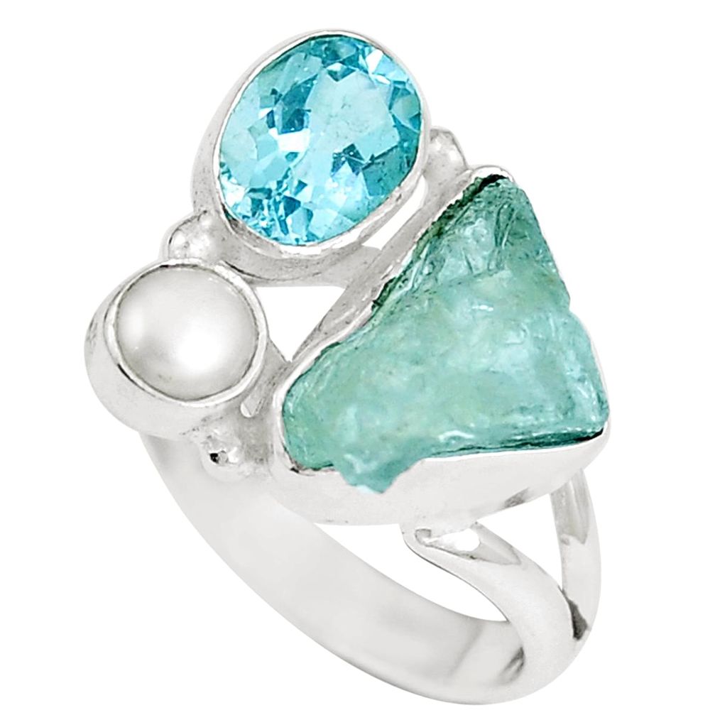 Natural aqua aquamarine rough topaz pearl 925 silver ring size 6 m69067