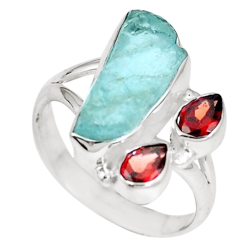 925 silver natural aqua aquamarine rough red garnet ring size 9 m69069