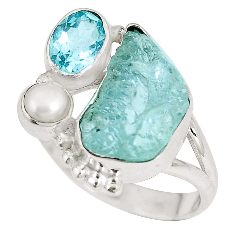 Natural aqua aquamarine rough topaz 925 silver ring jewelry size 8 m69070