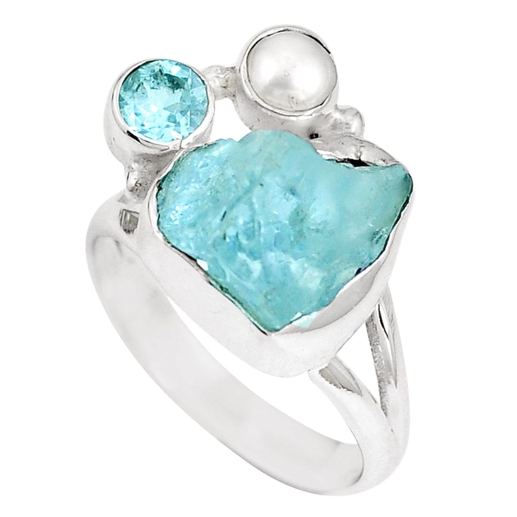 Natural aqua aquamarine rough topaz pearl 925 silver ring size 9 m69072