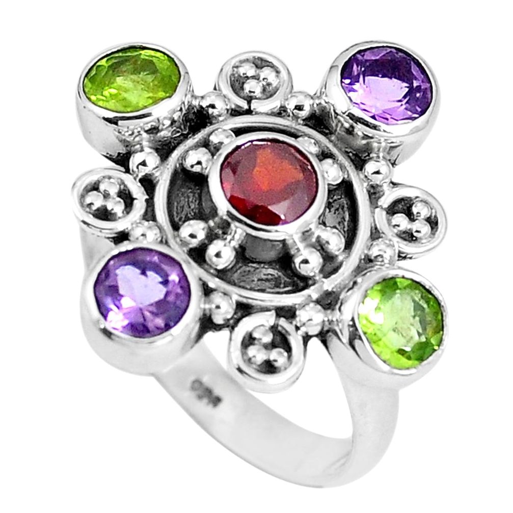 Natural red garnet amethyst round 925 sterling silver ring size 7.5 m69081