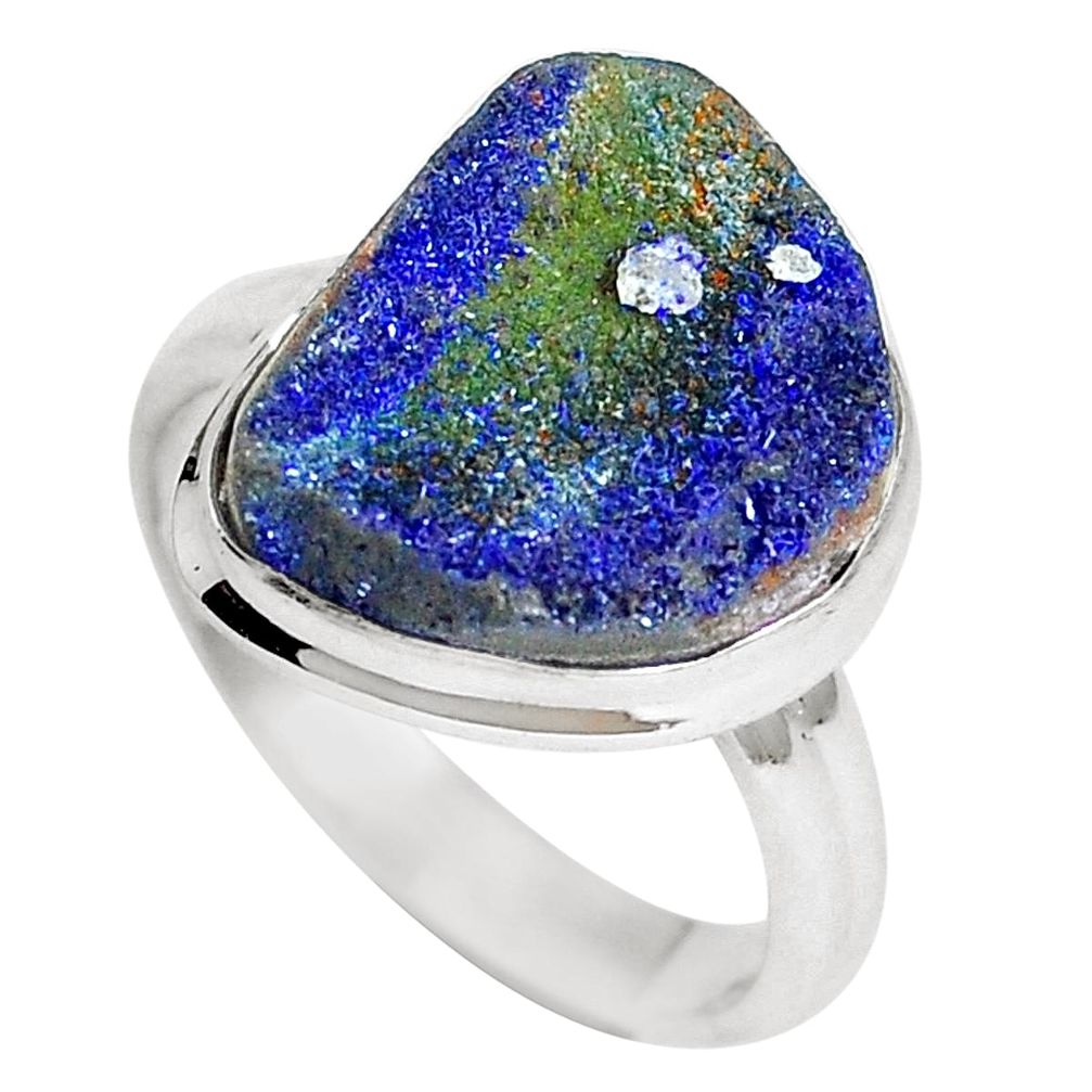 925 silver natural blue azurite malachite druzy fancy shape ring size 8 m70174