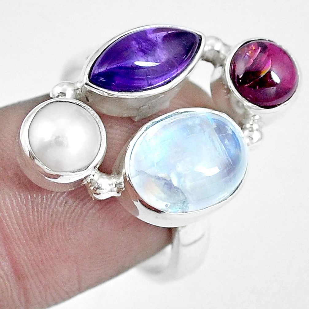 Natural rainbow moonstone amethyst pearl 925 sterling silver ring size 8 m70332