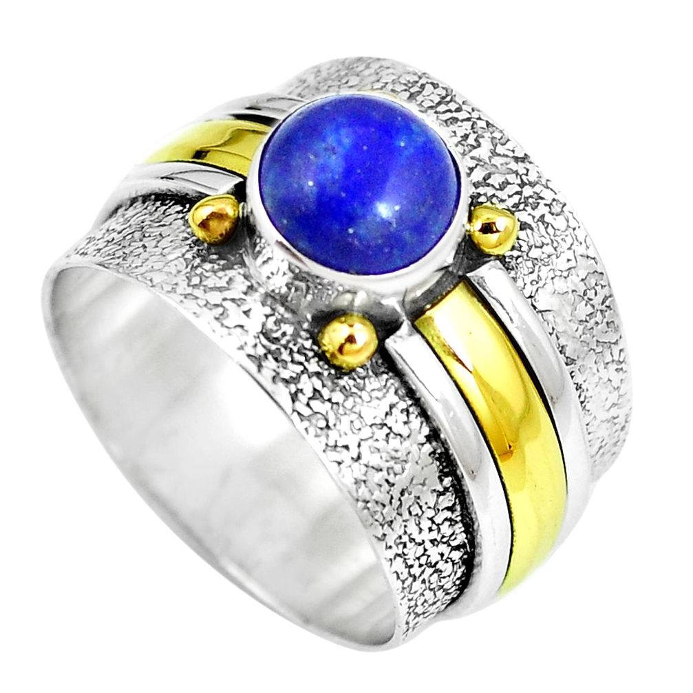 Victorian natural blue lapis lazuli 925 silver two tone ring size 5.5 m70401