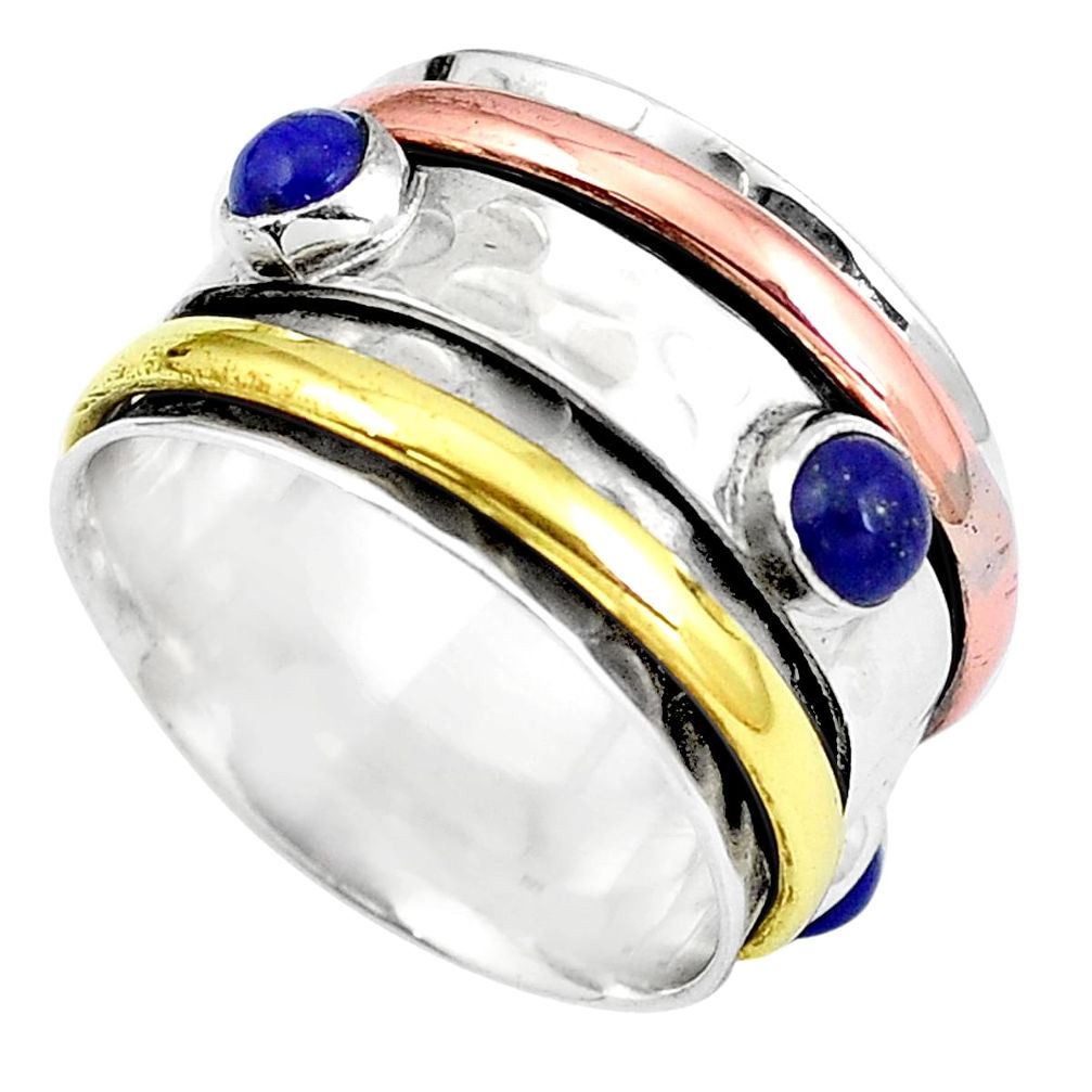 Natural blue lapis lazuli 925 silver two tone band ring size 7.5 m71162