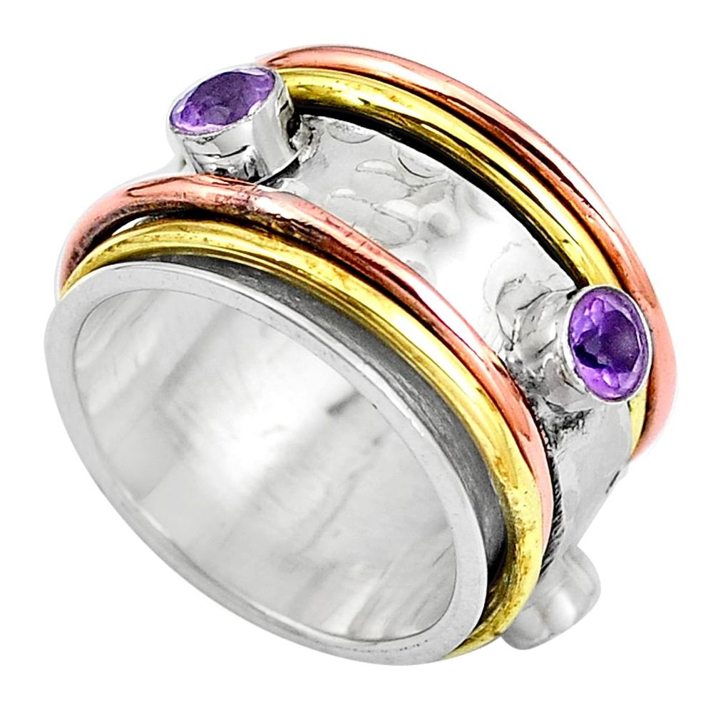 Natural purple amethyst 925 silver two tone spinner band ring size 6.5 m71190