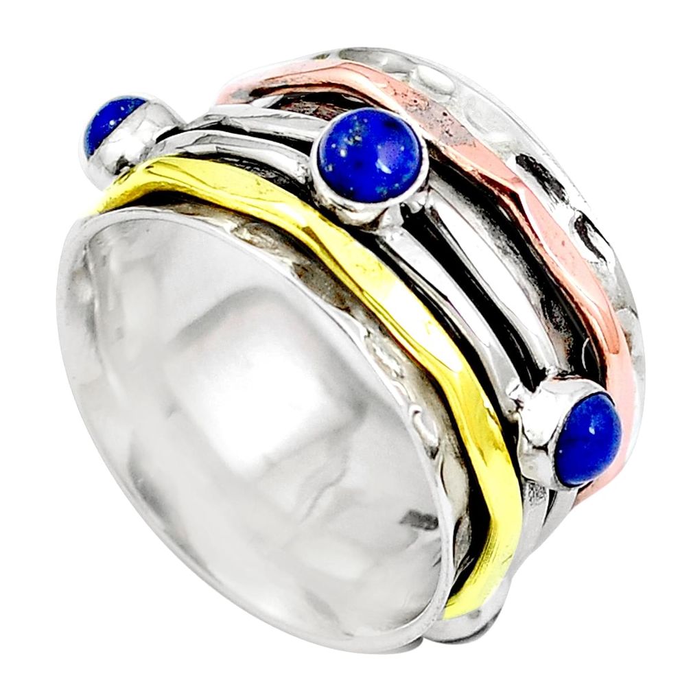 Natural blue lapis lazuli 925 silver two tone spinner band ring size 8.5 m71201