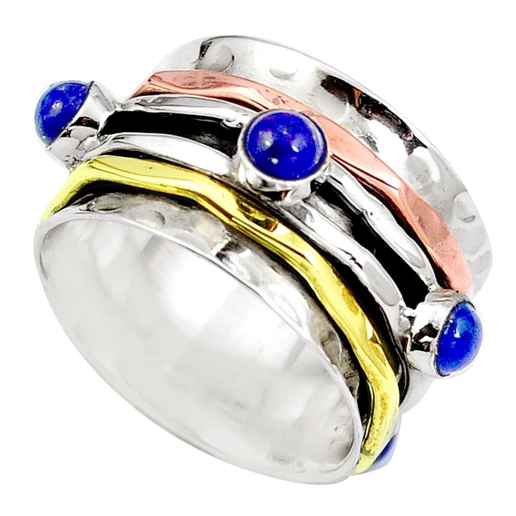 Natural blue lapis lazuli 925 silver two tone spinner band ring size 7.5 m71209