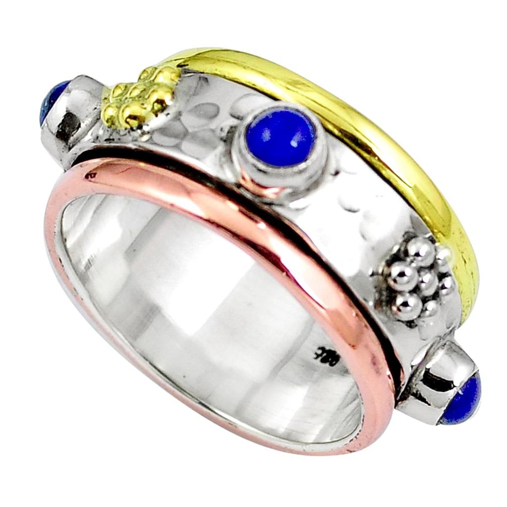 Natural blue lapis lazuli 925 silver two tone spinner band ring size 9 m71214