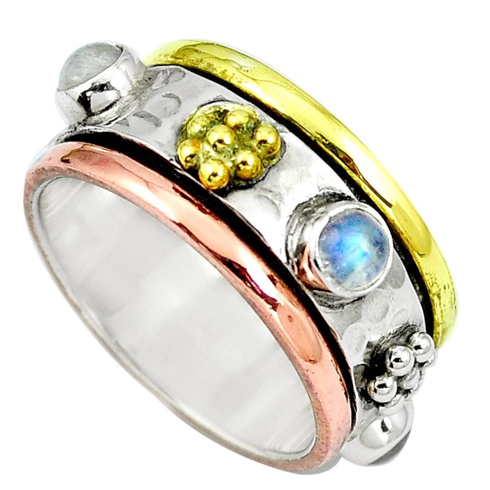 Natural rainbow moonstone 925 silver two tone spinner band ring size 8.5 m71215