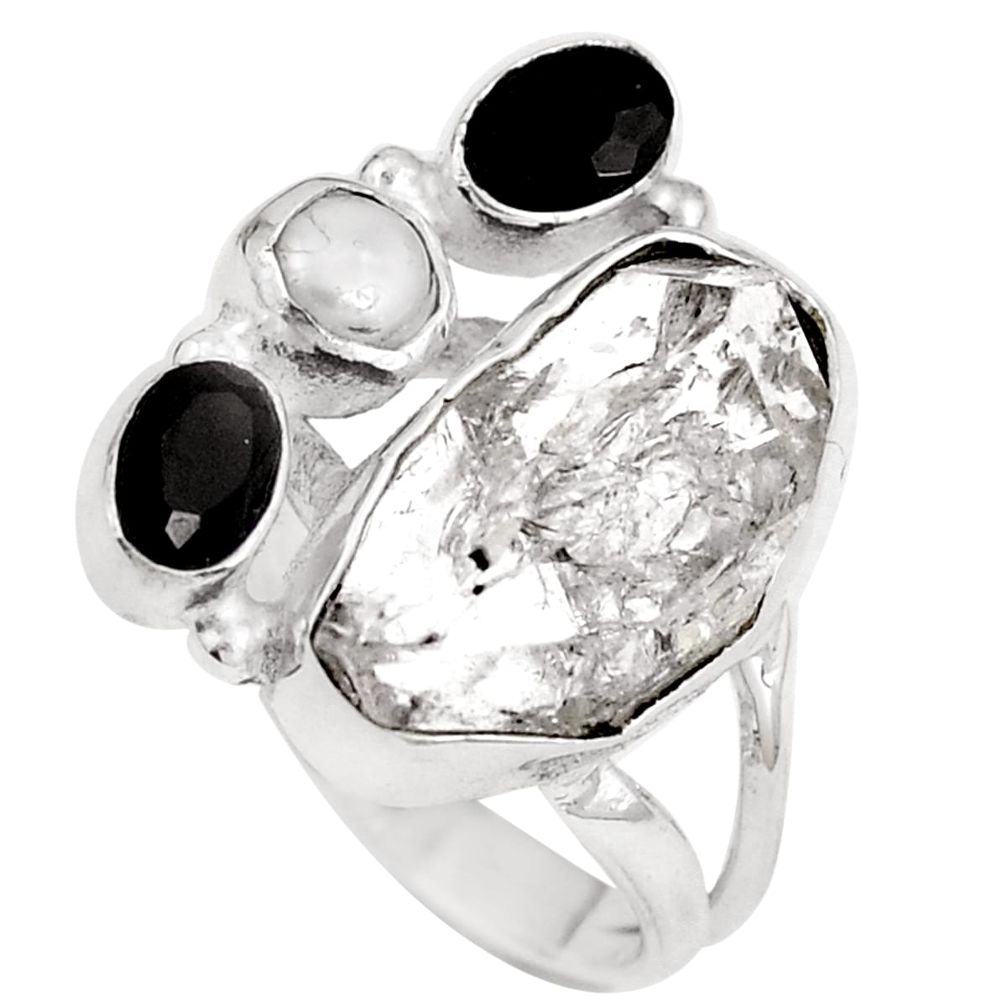 925 silver natural white herkimer diamond onyx pearl ring size 6.5 m71429
