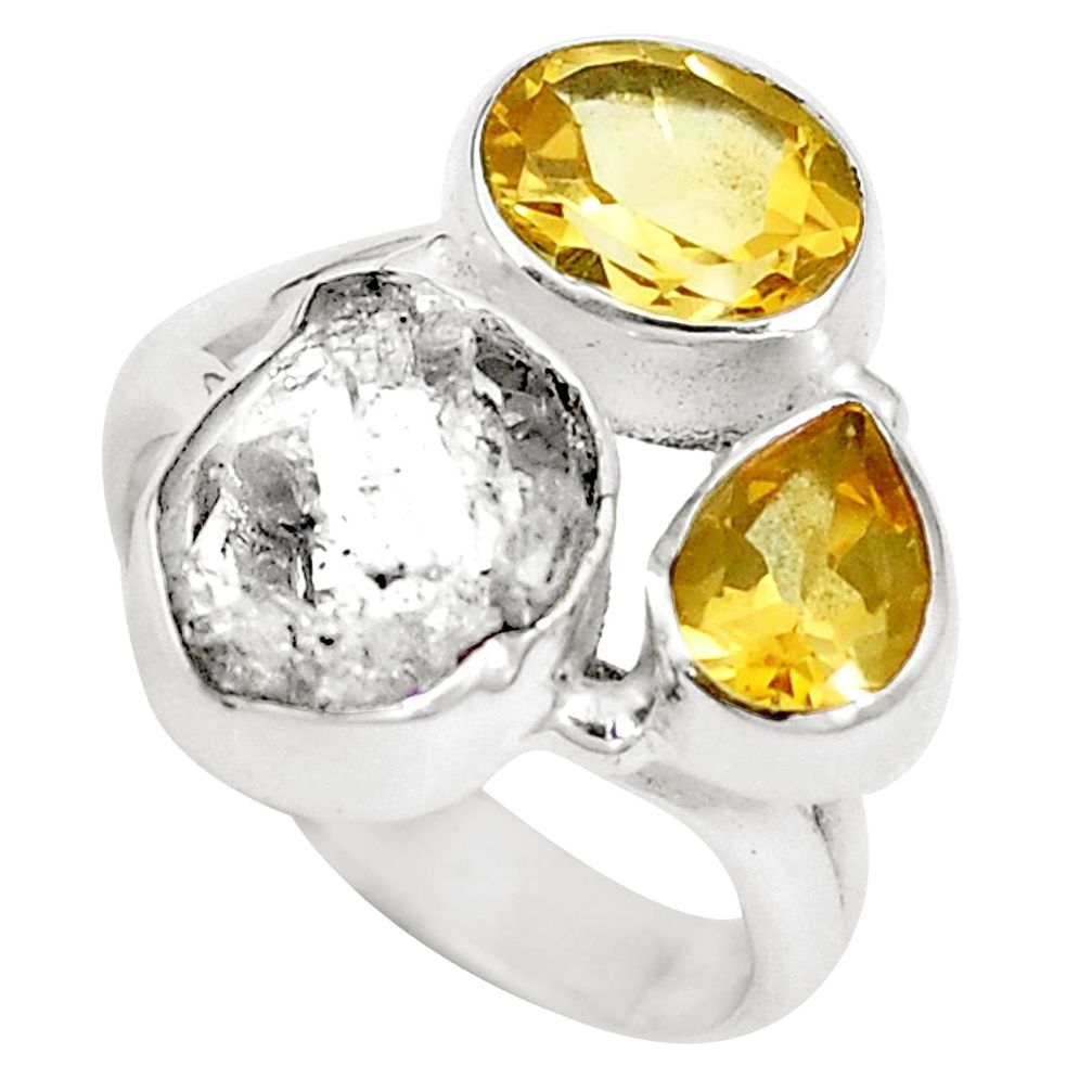 Natural white herkimer diamond yellow citrine 925 silver ring size 6 m71459