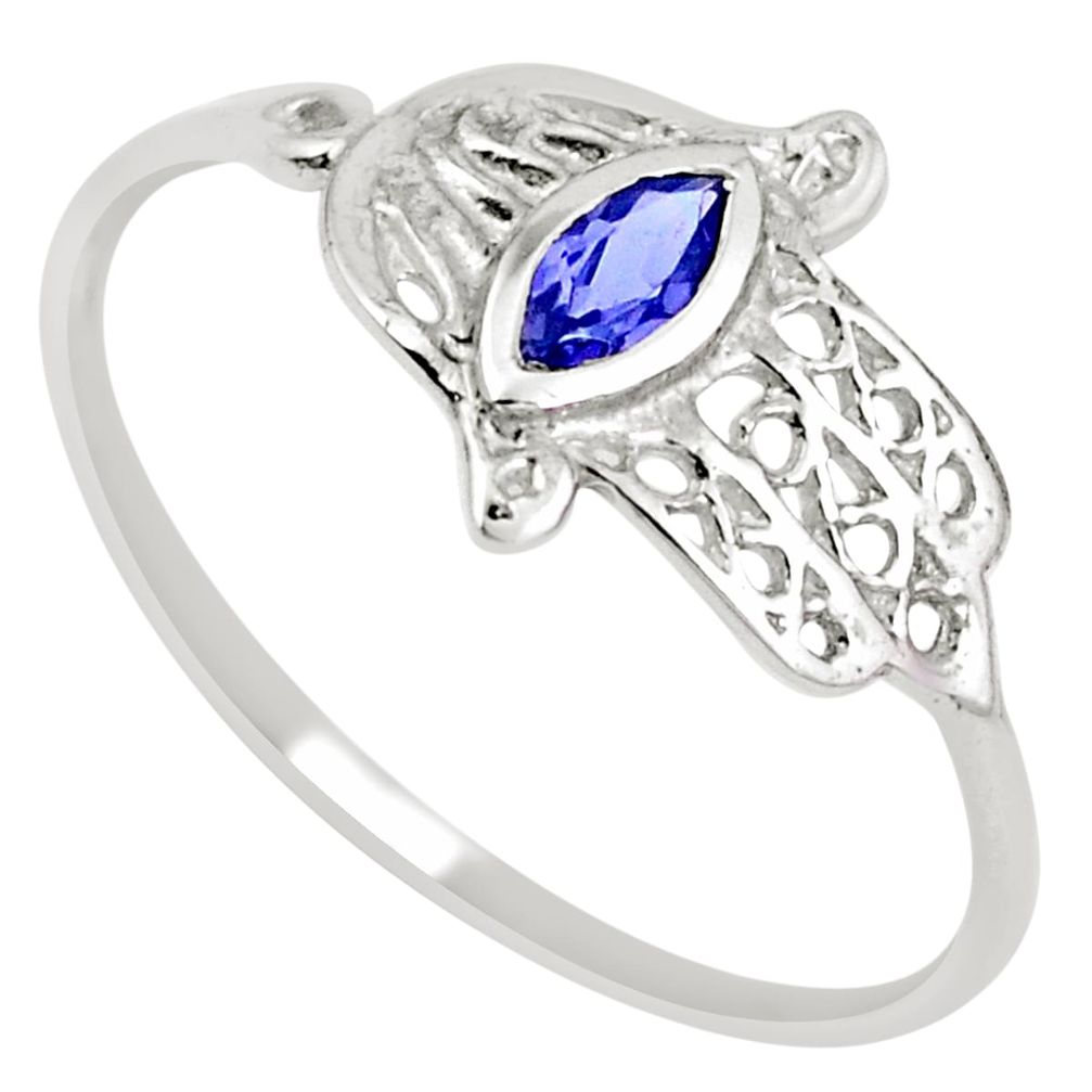 Natural blue iolite 925 silver hand of god hamsa ring size 5.5 m73987
