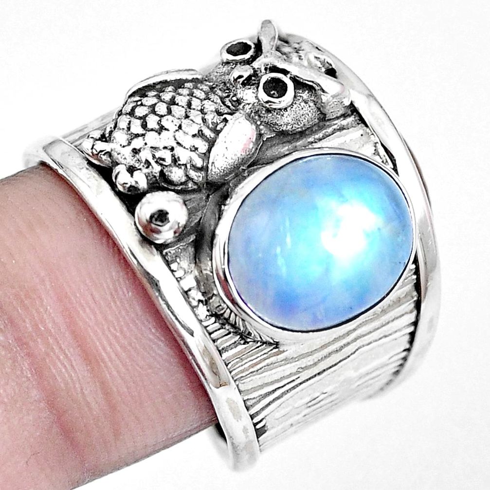 Natural rainbow moonstone 925 sterling silver owl ring size 8 m74569