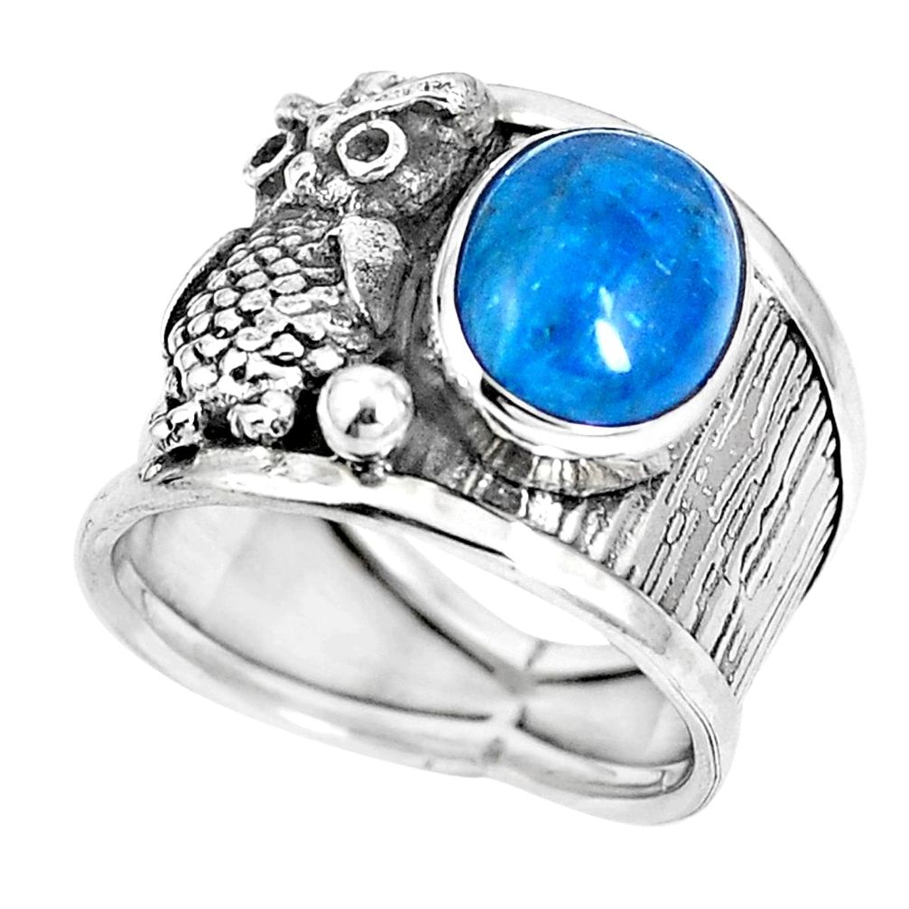 Natural blue apatite (madagascar) 925 silver owl ring size 6.5 m74602