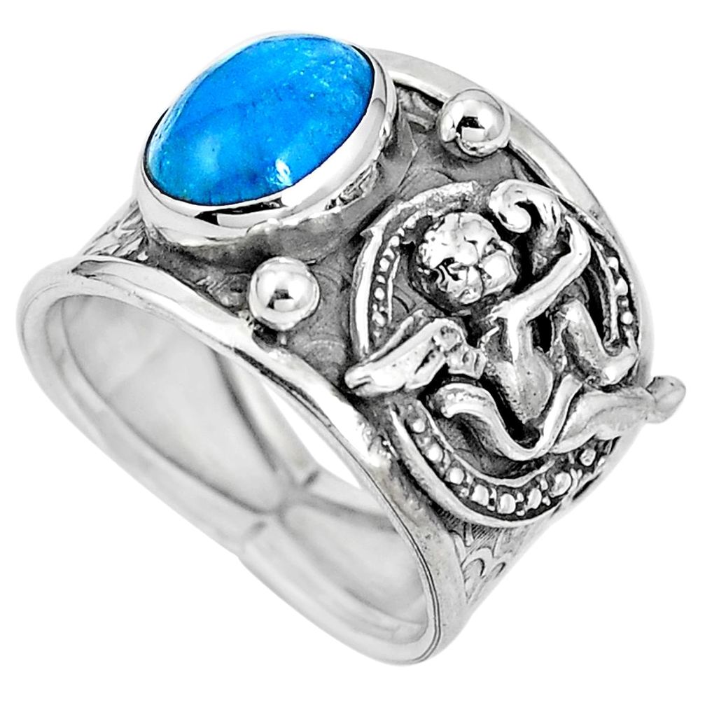 Blue apatite (madagascar) 925 silver cupid love angel wings ring size 8 m74603