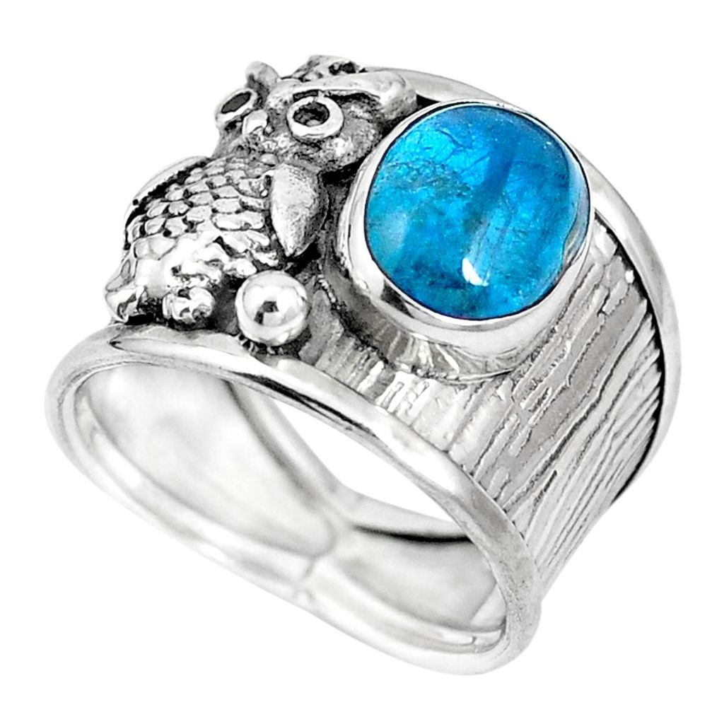 Natural blue apatite (madagascar) 925 silver owl ring size 7 m74605