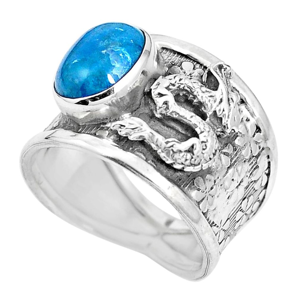 Natural blue apatite (madagascar) 925 silver dragon ring size 8 m74616